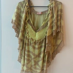Anthropologie Cecilia Prado Boho Crocheted Drape Poncho  Beige snd Yellow SZ S